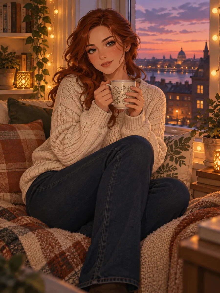 CrushOn AI, copine IA : illustration générée par IA, illustration semi-réaliste d’une femme adulte aux cheveux auburn ondulés, en pull crème