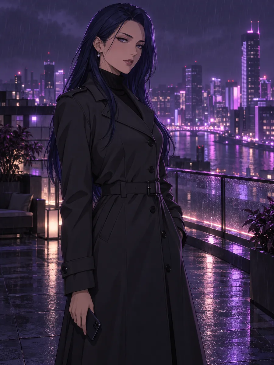 eHentai AI, copine IA : illustration générée par IA, illustration anime d’une femme adulte aux longs cheveux bleu nuit, en trench-coat anthracite