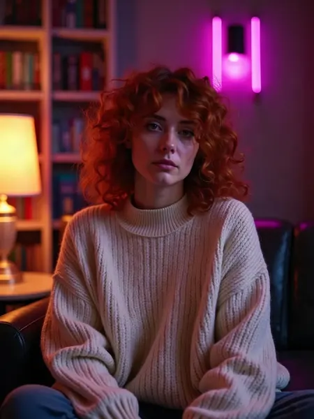 GirlfriendGPT, copine IA : illustration générée par IA, femme rousse aux cheveux bouclés en gros pull crème, dans une bibliothèque aux lampes chaudes