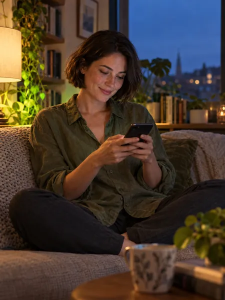 Nastia AI, copine IA : illustration générée par IA, femme aux cheveux bruns courts en chemise vert olive, souriant à son téléphone