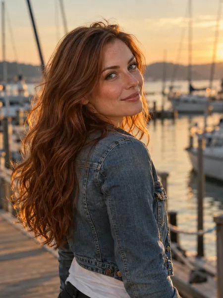 Promptchan, copine IA : illustration générée par IA, femme aux cheveux auburn en veste en jean sur un ponton au coucher du soleil