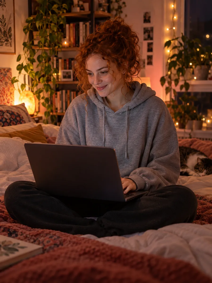 SpicyChat : visuel d’illustration généré par IA, femme aux cheveux roux bouclés, en sweat gris, souriant en tapant sur un ordinateur portable, assise sur un lit sous des guirlandes lumineuses le soir