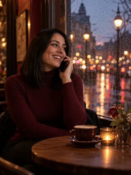 Swipey AI, copine IA : illustration générée par IA, femme aux cheveux noirs en pull bordeaux, riant au téléphone dans un café