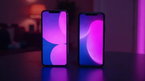 Deux smartphones côte à côte sur une table sombre, écrans violets, illustration de l’article « Candy AI application 2026 : Android, iPhone, connexion »