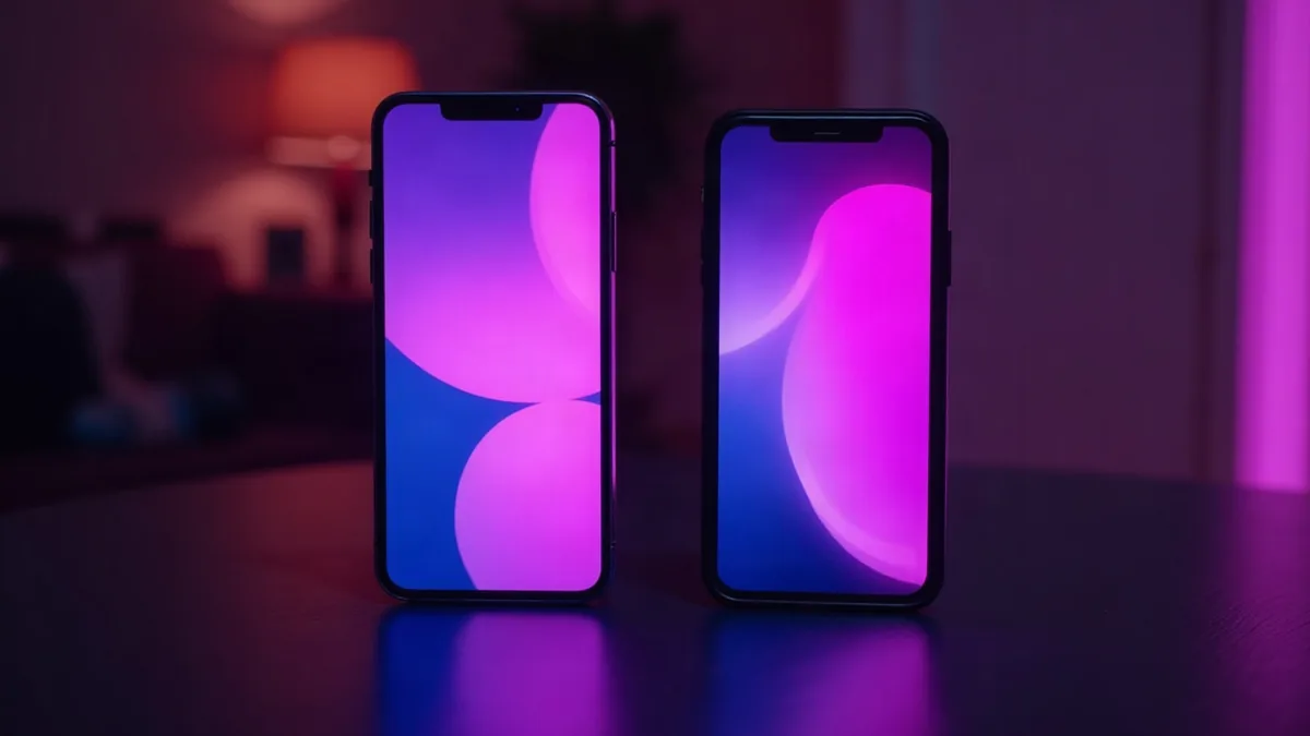 Deux smartphones côte à côte sur une table sombre, écrans violets (illustration de l’article)