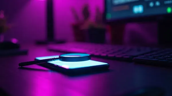 Loupe posée sur un smartphone lumineux, sur un bureau sombre éclairé en violet, illustration de l’article « Candy AI avis 2026 : arnaque ou application fiable ? »