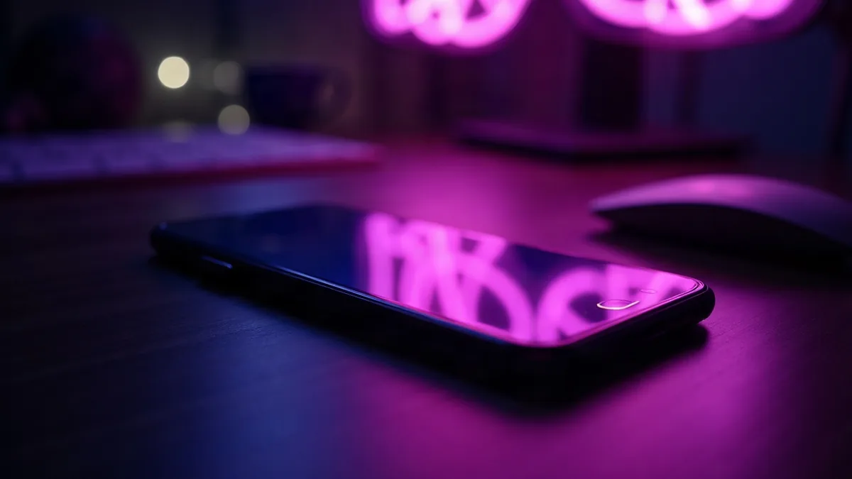 Smartphone posé sur un bureau sombre, reflets violets lumineux sur l’écran (illustration de l’article)