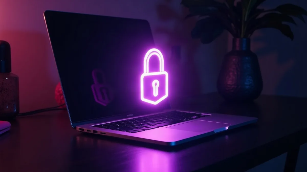 Ordinateur portable avec un cadenas lumineux violet au-dessus du clavier (illustration de l’article)