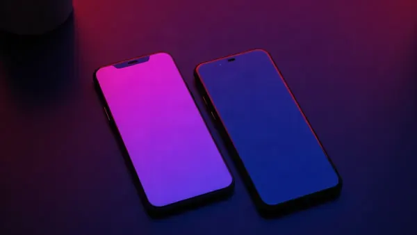 Deux smartphones différents côte à côte sur une surface sombre réfléchissante, illustration de l’article « Copine IA application iPhone/Android : officielle ou clone (2026) »