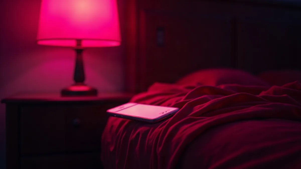 Soie rouge et smartphone lumineux sur une table de nuit, lumière magenta (illustration de l’article)