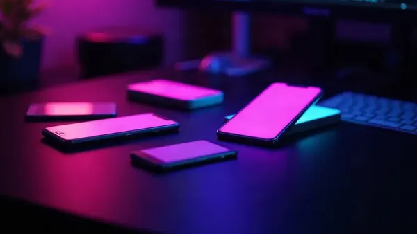 Smartphones lumineux disposés en éventail sur un bureau sombre, l’un mis en avant, illustration de l’article « Janitor AI alternative 2026 : 6 options en français ou 18+ »