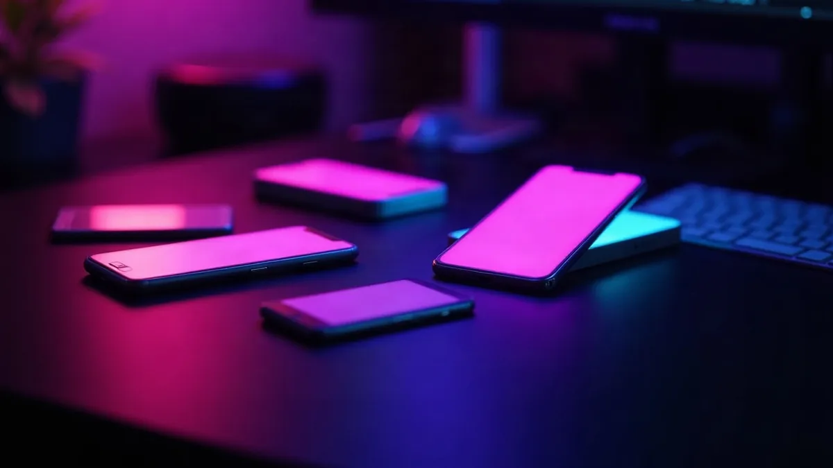 Smartphones lumineux disposés en éventail sur un bureau sombre, l’un mis en avant (illustration de l’article)
