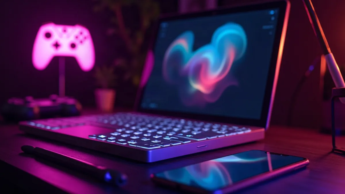 Bureau de création sombre avec ordinateur portable, smartphone et manette lumineuse rose (illustration de l’article)