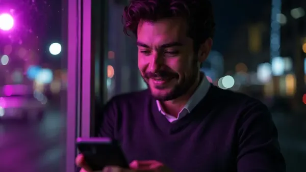 Homme brun en pull anthracite souriant à son téléphone devant une fenêtre de nuit, illustration de l’article « Petit ami IA 2026 : les meilleures apps de compagnon masculin »