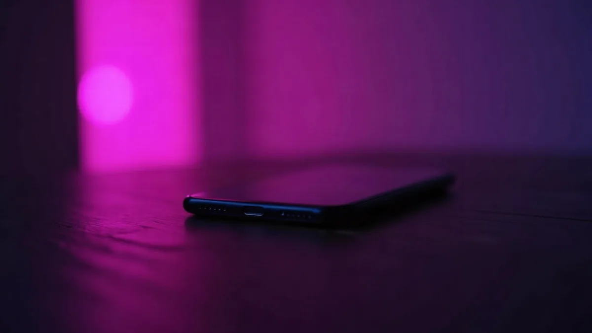 Smartphone posé sur une table en bois sombre, entouré de reflets violets et roses (illustration de l’article)