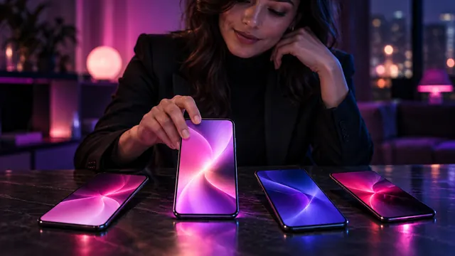 Meilleures alternatives à Candy AI : femme choisissant un smartphone parmi quatre écrans lumineux posés sur une table