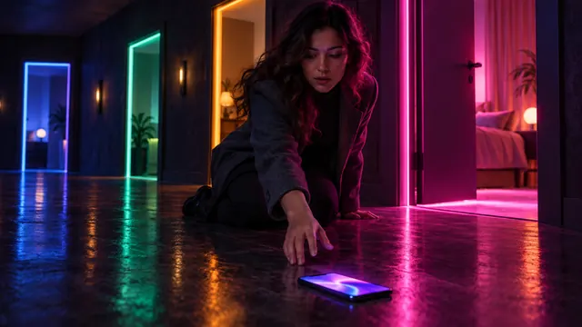 Meilleures alternatives à Character.AI : femme ramassant un smartphone dans un couloir de portes lumineuses de couleurs différentes