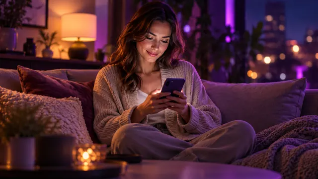 Meilleures alternatives à Replika : femme en gilet beige souriant à son téléphone sur un canapé, le soir