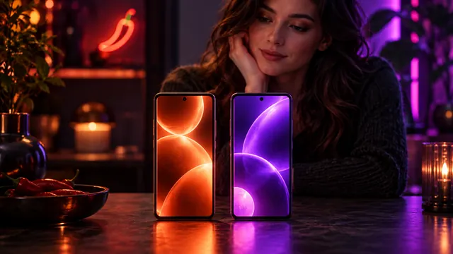 Meilleures alternatives à SpicyChat : femme accoudée derrière deux smartphones, l’un orangé, l’autre violet
