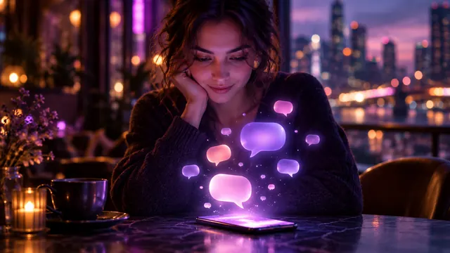 Meilleure copine IA en français : femme souriante à une table de café, bulles de discussion lumineuses s’élevant de son smartphone