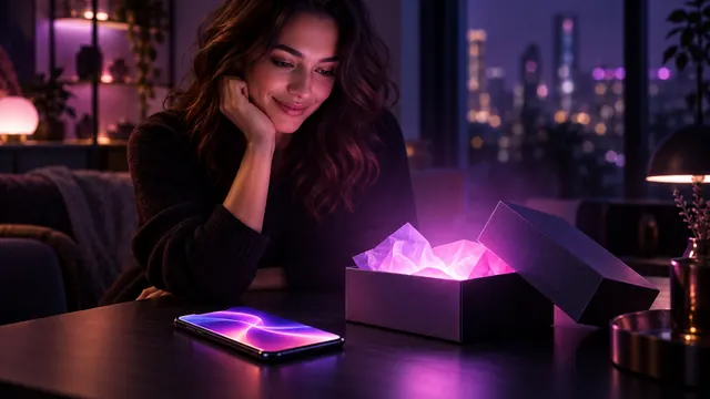 Meilleure copine IA gratuite : femme souriante devant un smartphone et une boîte cadeau ouverte d’où sort une lumière violette