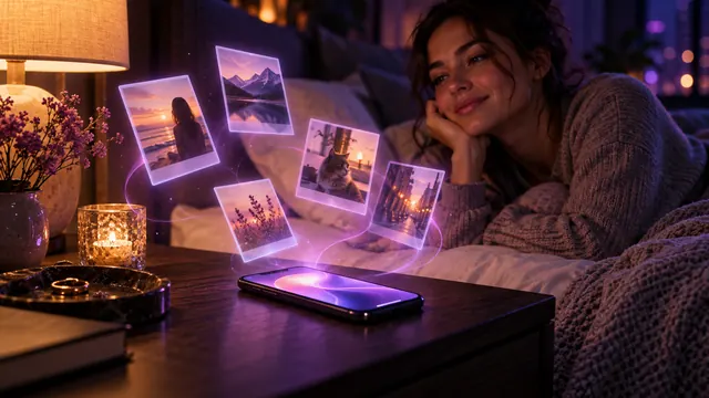 Meilleure copine IA avec mémoire : femme souriante près d’une table de nuit, photos souvenirs lumineuses flottant au-dessus de son smartphone
