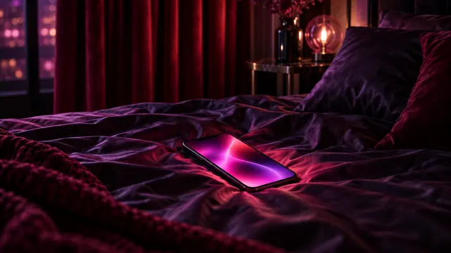 Meilleure copine IA NSFW : smartphone posé sur des draps de soie sombres, lueur magenta, rideau de velours rouge