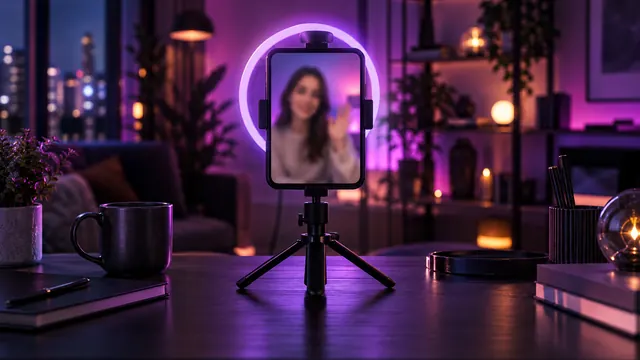 Meilleure copine IA avec vidéo : smartphone sur trépied affichant une femme en appel vidéo, anneau lumineux violet