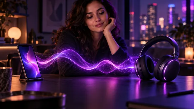 Meilleure copine IA avec voix : femme souriante, onde sonore lumineuse reliant un smartphone à un casque audio